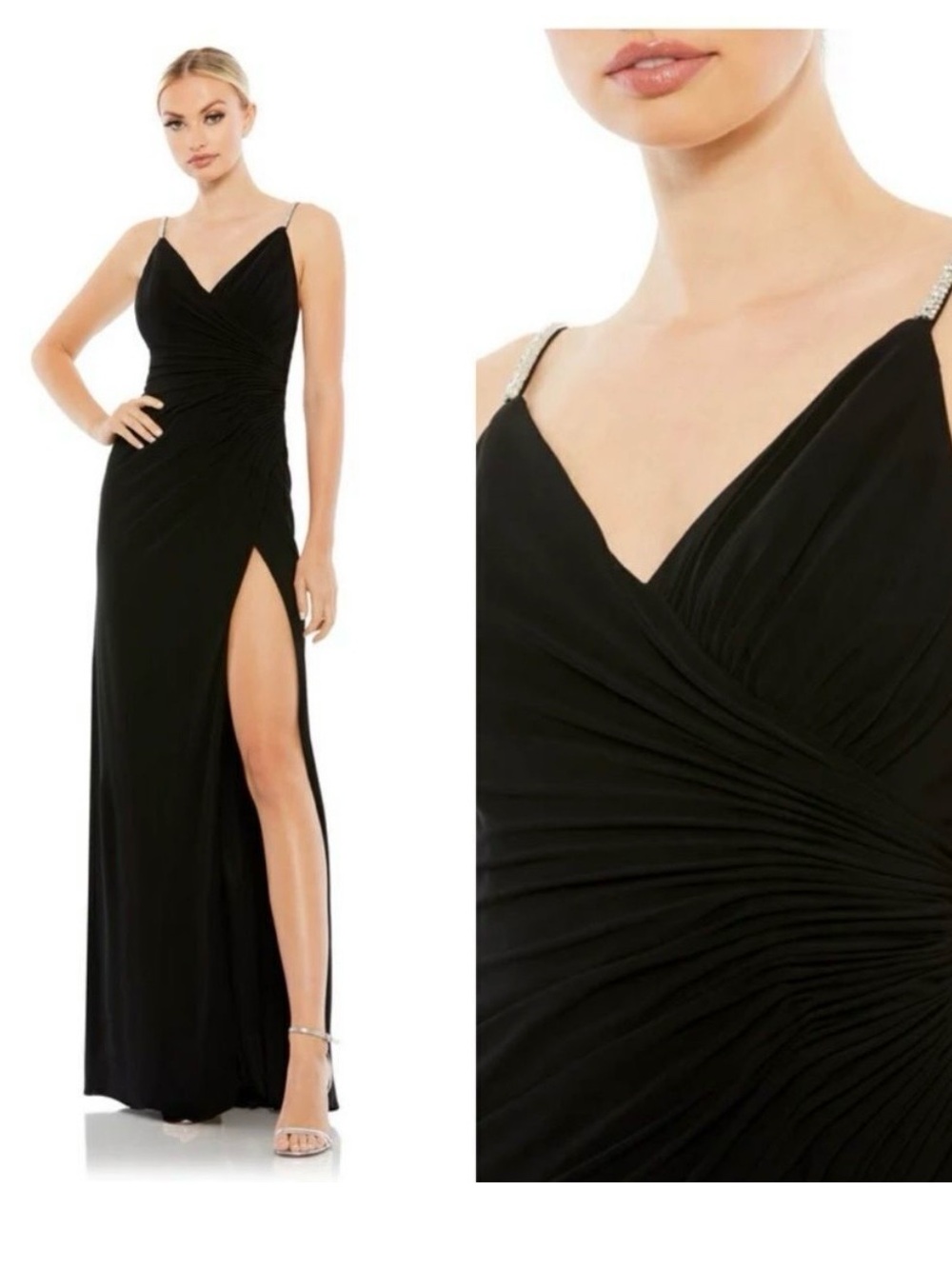 Mac Duggal Black Ruched Evening Gown with Jeweled Straps